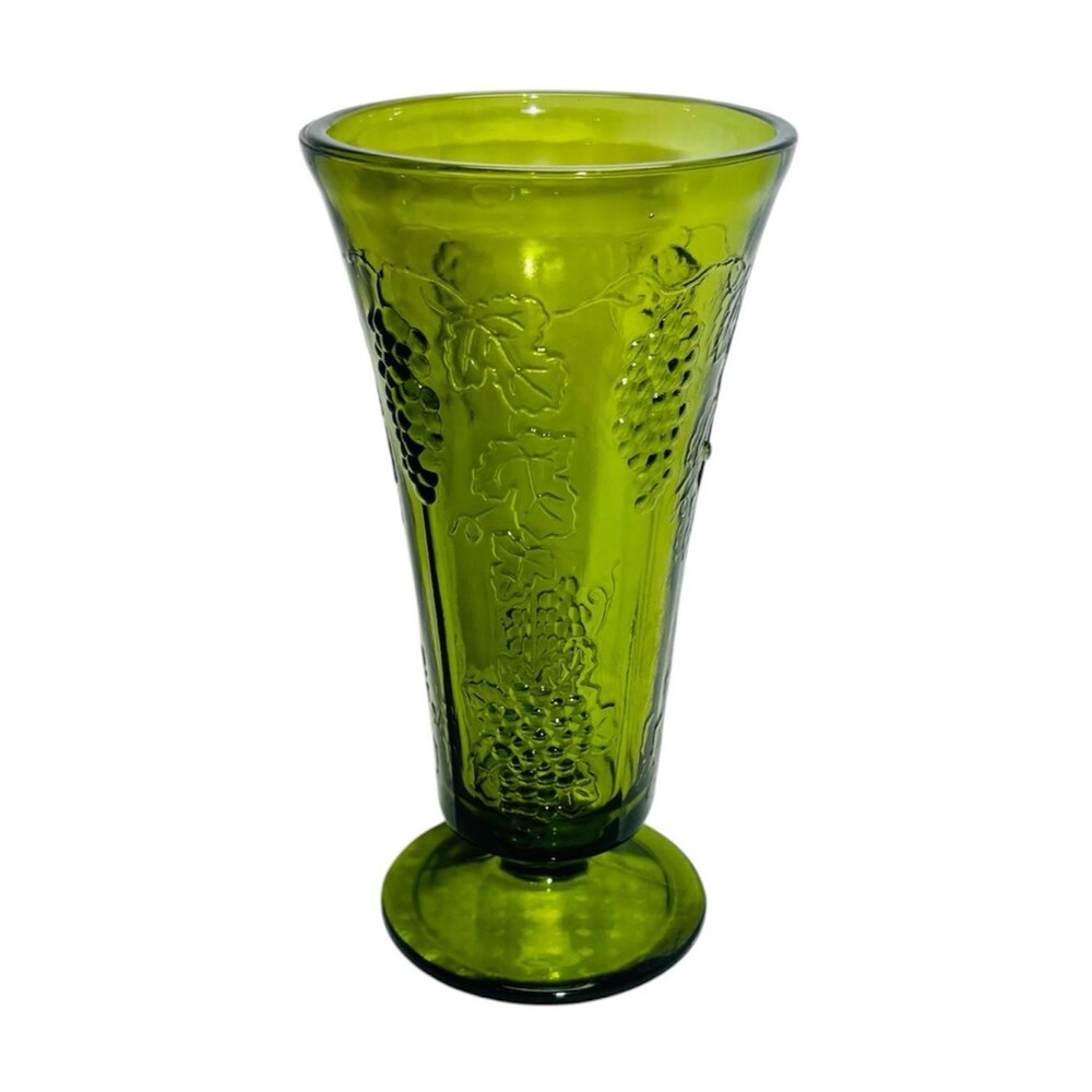 VTG Indiana Glass Avocado Green Harvest Grape Footed Pedestal Vase